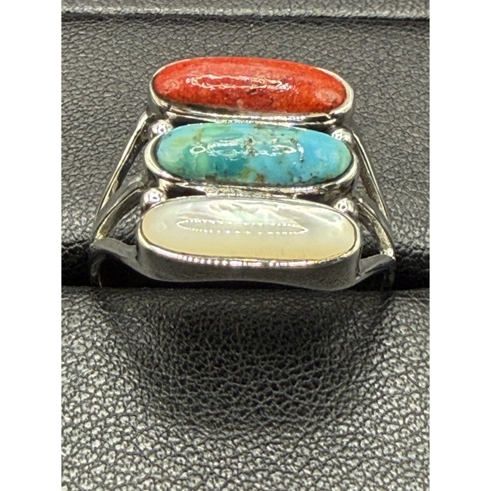 New Condition Sterling Silver Turquoise Coral Mother Of Pearl Ring Size 10 J19 - Picture 4 of 10